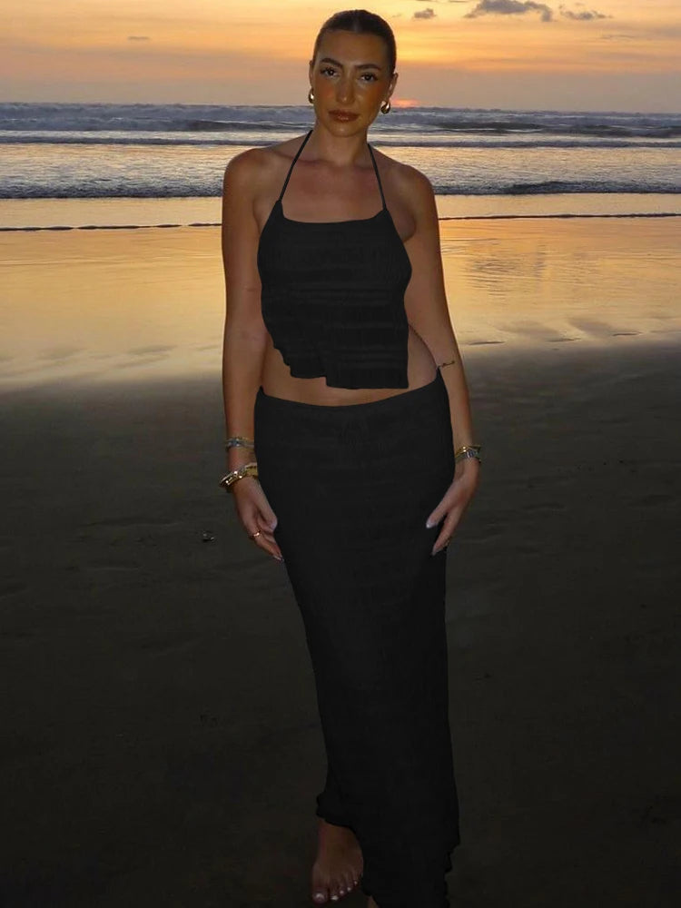 Sexy See-Through 2 Piece Set Women Lace-Up Halter Backless Crop Tops + Ruched Elegant Skirts Vacation Beach Party Suits