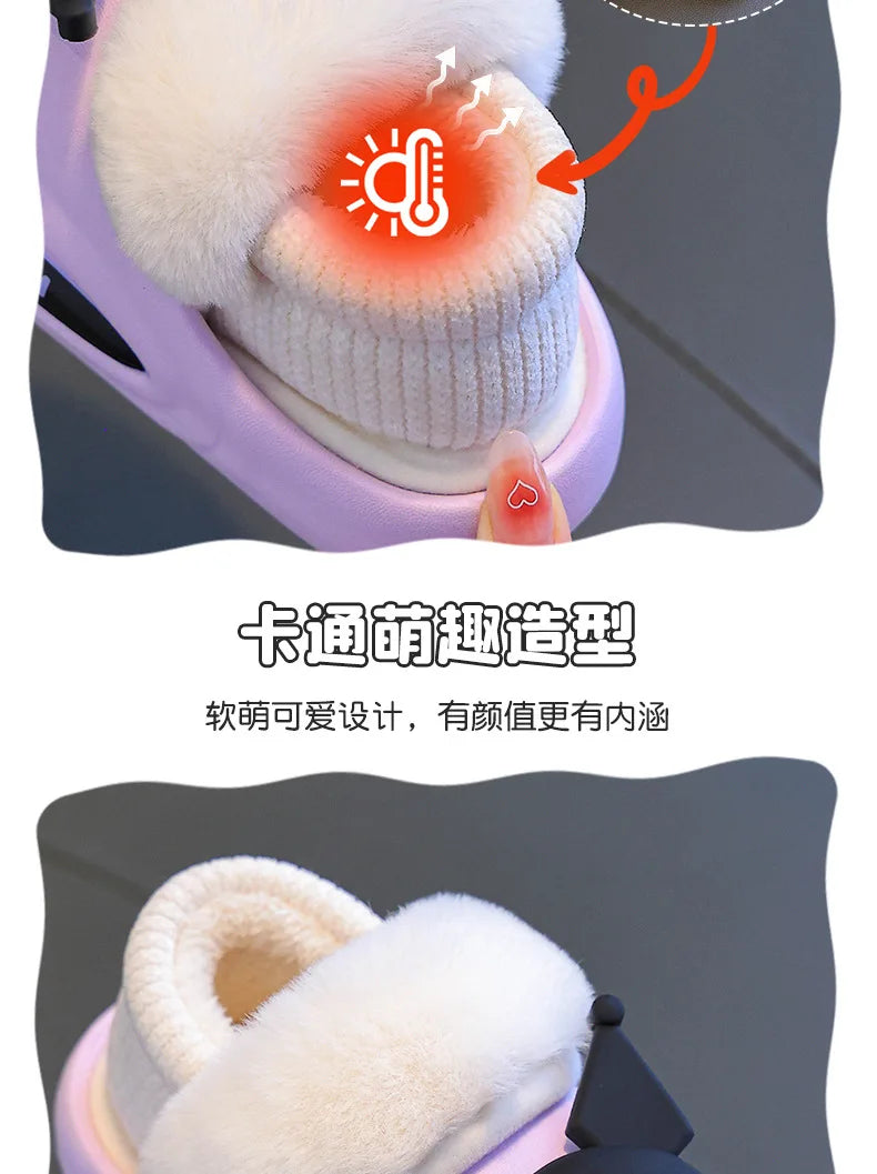 Girls' Home Fur Slippers Kawaii Anti-Skid Warm Cotton Cartoon Plush Waterproof Home Winter Shoes Size 24-41