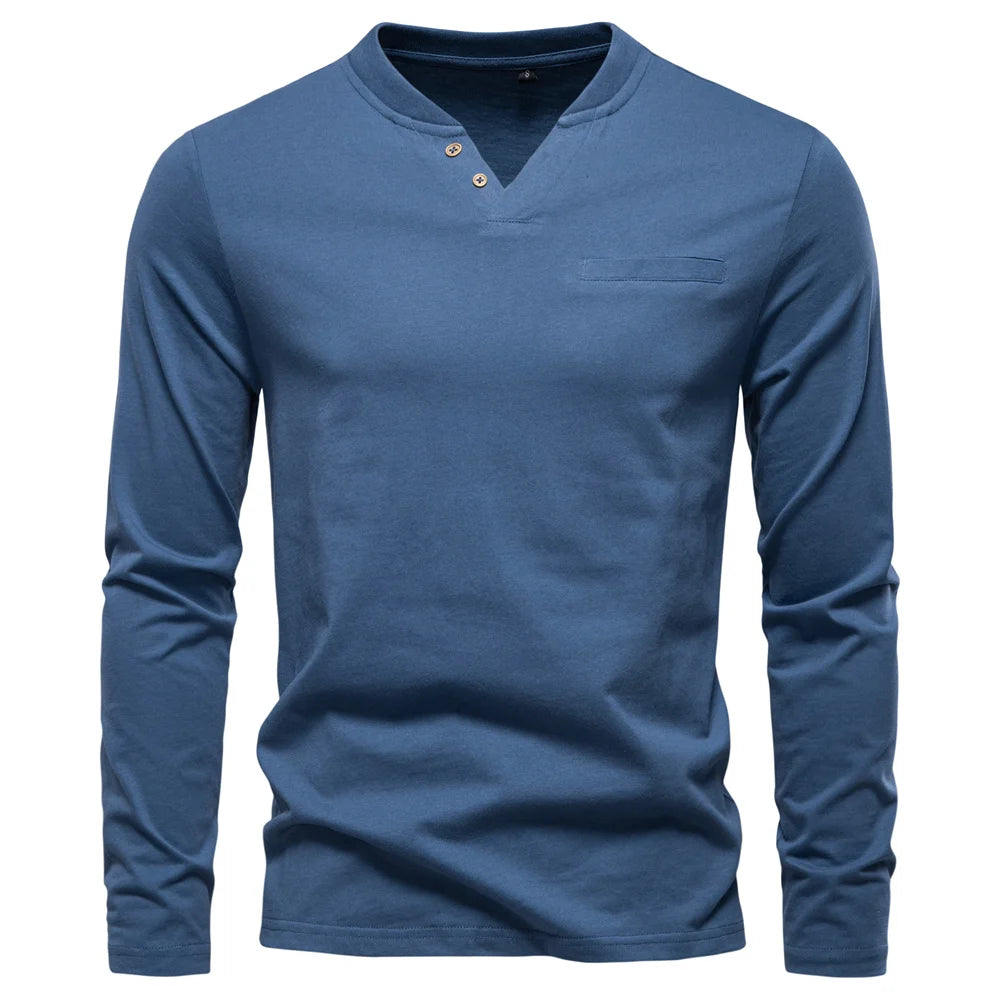 Men's High Quality Long Sleeve T-Shirt Fashion Pure Cotton Henley Collar Long Male T-Shirt