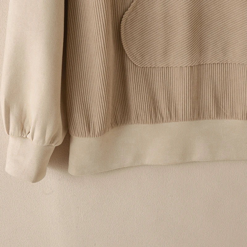 Women Patchwork Corduroy Hoodies Loose Casual Irregular Pocket Hooded Sweatshirts 2024 Fall Colour Block Long Sleeve Tops