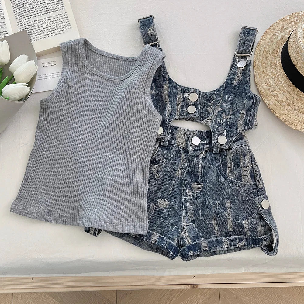 New Summer Girls Clothes 3PCS Set Kids Grey Pit Strip Vest + Ripped Denim Suit Children Fashion Outfit 4-6Y Unisex