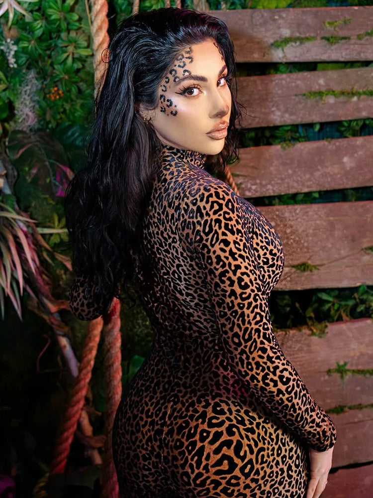 Autumn Sexy Leopard Mesh Jumpsuit Women Sexy Hipster Zip Stretch Midnight Workout Clubwear Fitness Street Overalls