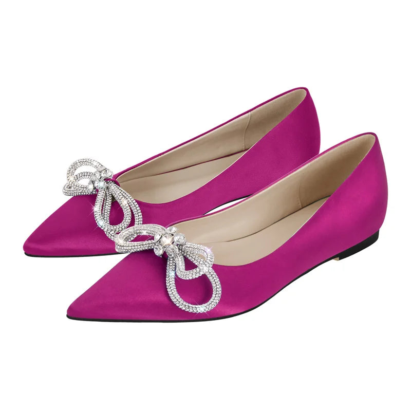 Woman Flats Pointed Toe Blue Rhinestones Bow Clear Flat Daily Elegant Female Slip On Shoes
