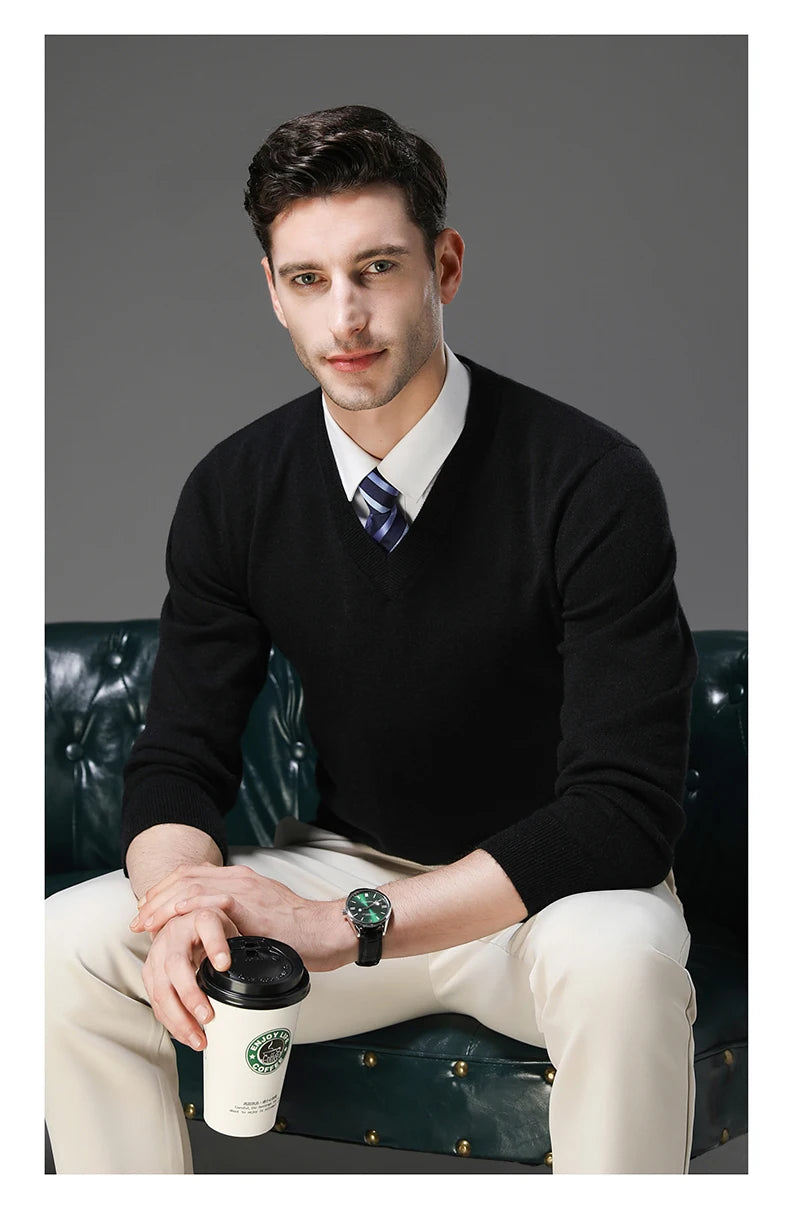 Men's Warm V-Neck Solid Colour Sweater, Autumn & Winter Stretch Top, Daily Leisure Pullover Knitwear, Male Business Casual