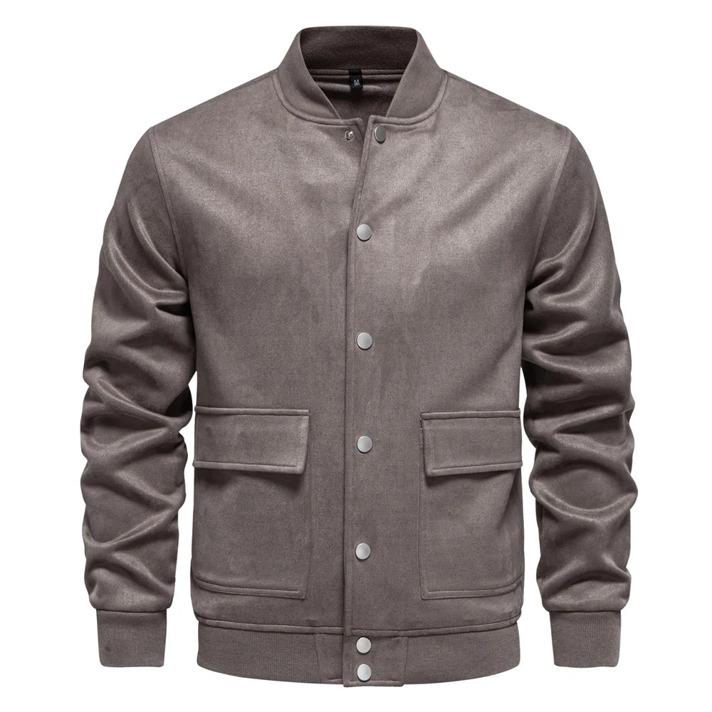 Men's Suede Button Up Bomber Jackets Crew Neck Button-Up Baseball Casual Business Outwear Jacket For Men