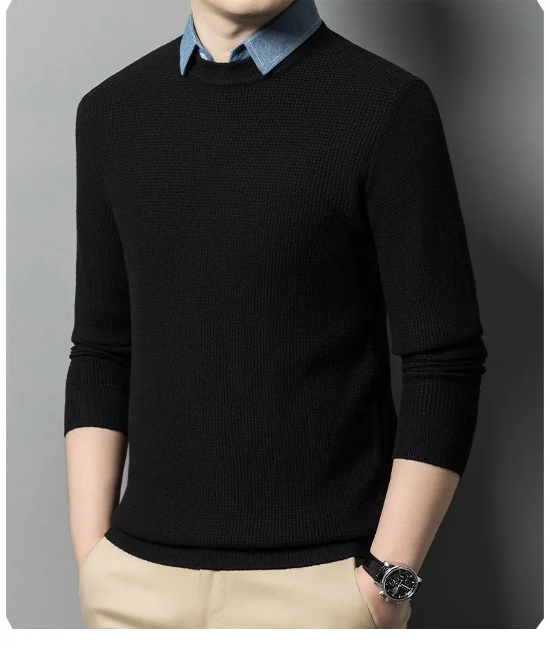 Men's Top Grade Fake Two Collared Fashion, Designer Knitted Pullover Sweater, Casual Brand Slim Fit Male Jumpers