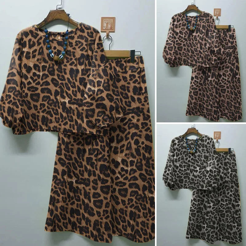 Spring Casual Leopard Printed Suit 3/4 Sleeve O-Neck Blouse Loose Trousers 2PCS Woman Fashion Party Matching Sets
