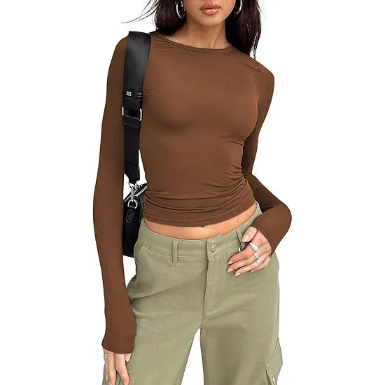 Fashion Senior Women's Long Sleeve Crew Neck Solid Slim Fit T-shirt Crop Top Ladies Daily Streetwear Casual Tee