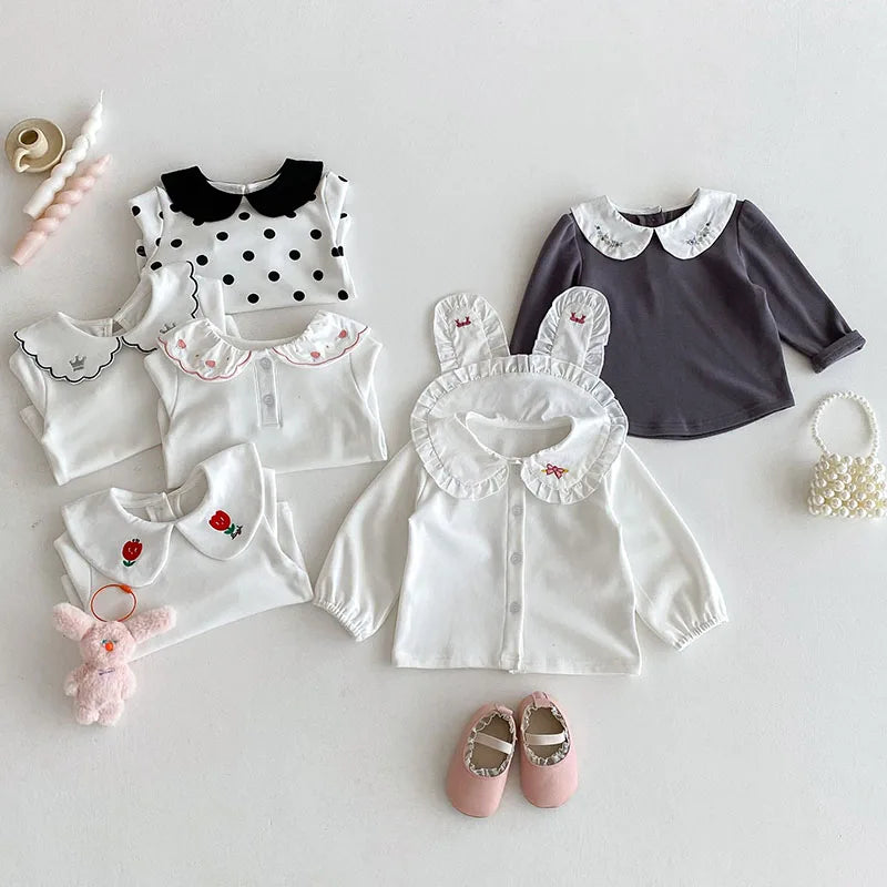 Herfst Baby Onderhemdjes Zoete Borduurwerk Bloem Strik Baby Meisjes Bottoming Shirt Peuter Dunne Kleding Tops 0-3T Meisjes