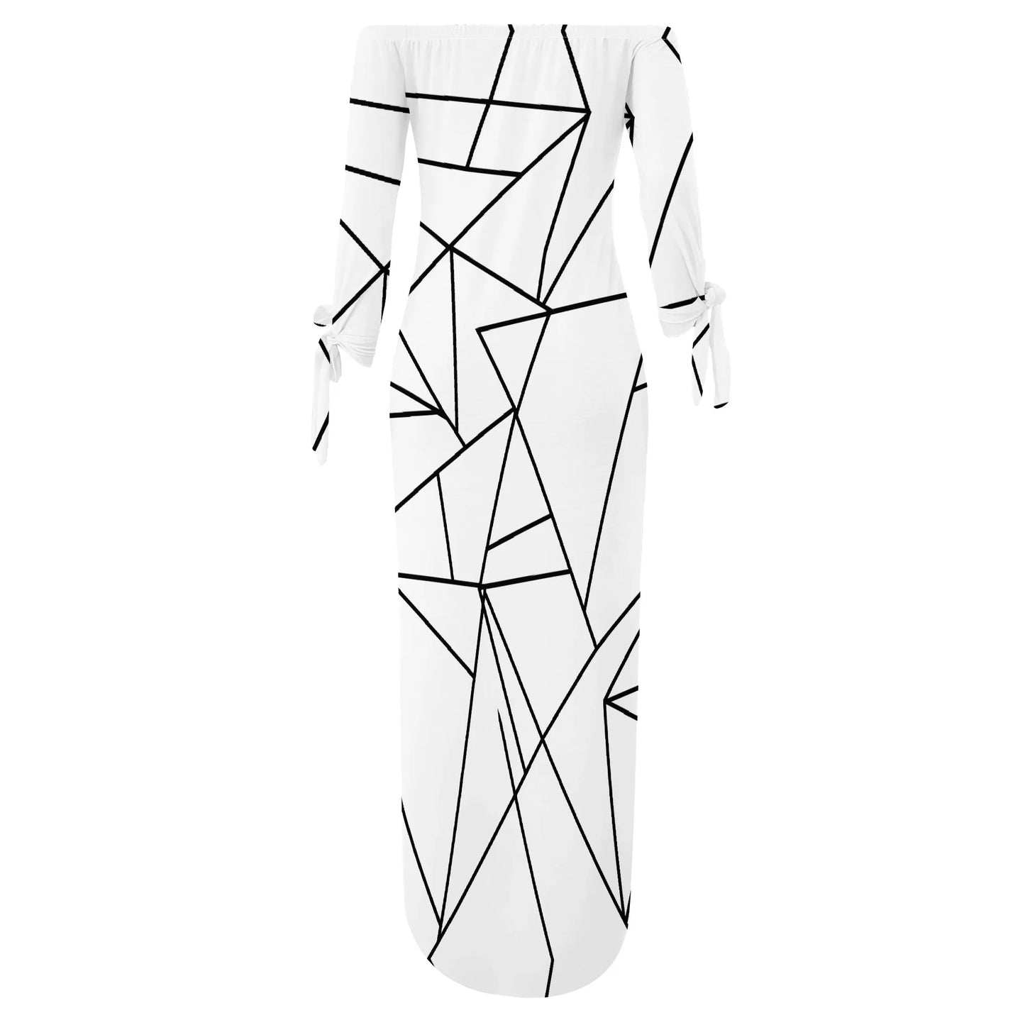 Off Shoulder Long Sleeve Maxi Dress for Women Geometric Line Print Chic Casual Slim Fit Dress