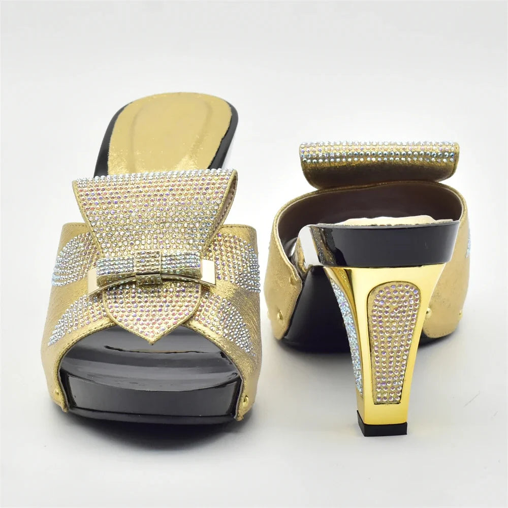 Gold Color Women Slippers Shoes African Women Wedding Shoes Elegant Italian Woman Shoes with Stone High Heels Woman Summer Pumps