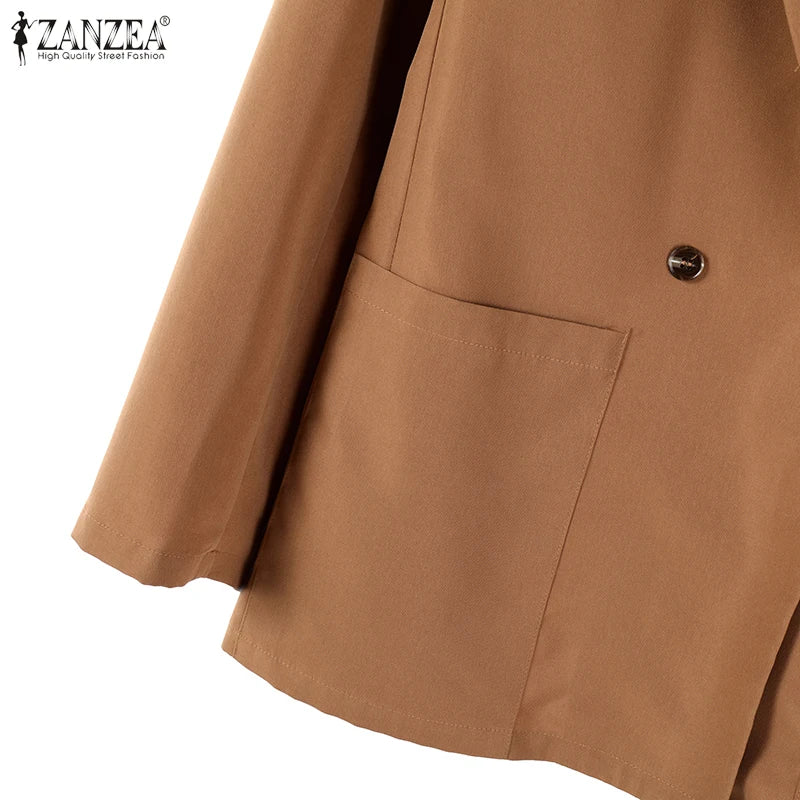 Casual Women Blazer Solid Office Lady Commute 2025 Spring Thin Jackets Lapel Neck Double-Breasted Long Sleeve Blazer