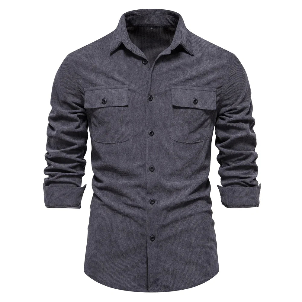 Thicken Autumn Men Shirt Solid Colour Business Casual Corduroy Shirt With Pocket for Men