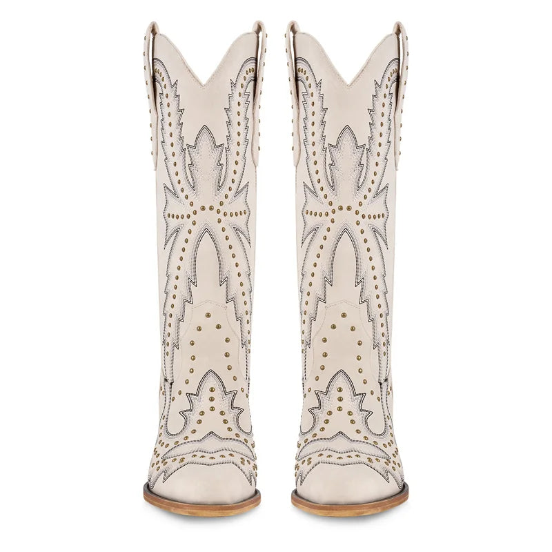 Women Pointed Toe Mid Calf Pull-on Knee High Cowgirl Boots Comfy Chunky Heel Western Boots