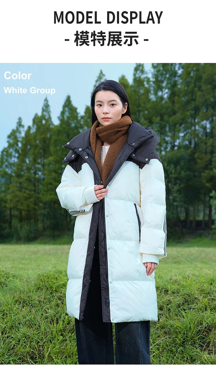 Women's Knee-Length Padded Coat With Detachable Hood, Stylish Colour-Blocking Windproof, Warm Duck Down Jacket For ladies