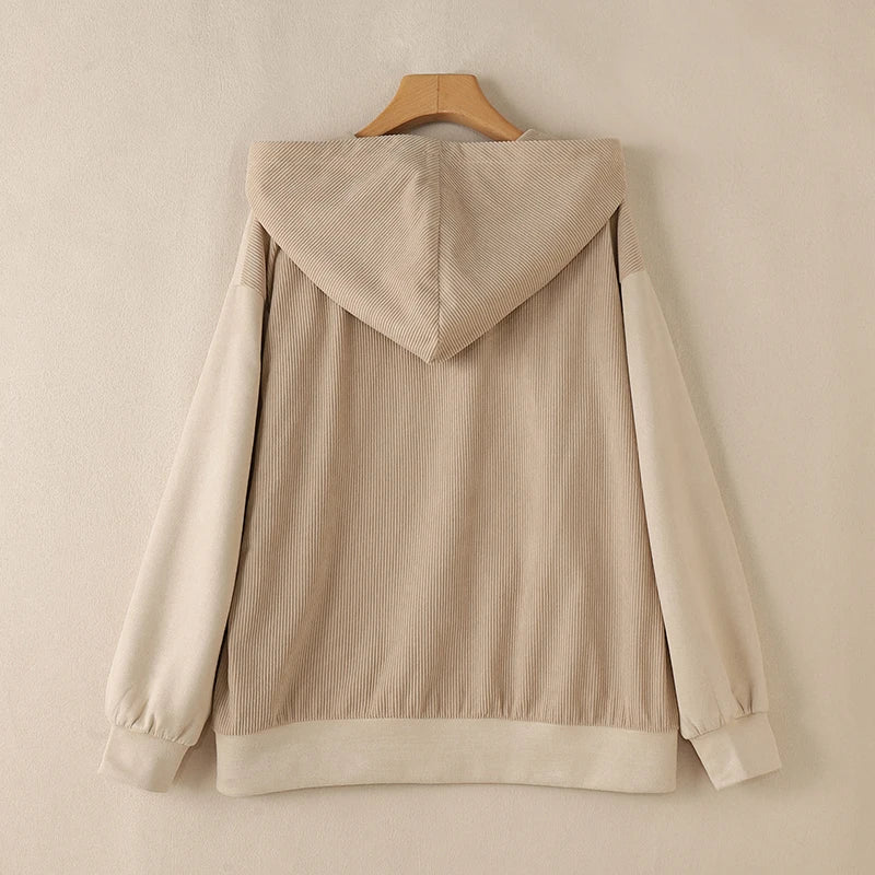 Women Patchwork Corduroy Hoodies Loose Casual Irregular Pocket Hooded Sweatshirts 2024 Fall Colour Block Long Sleeve Tops