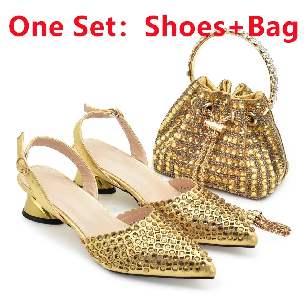 Italian Shoes with Matching Bags Set Rhinestone-Decorated with Medium Heels for African Ladies' Party Pumps