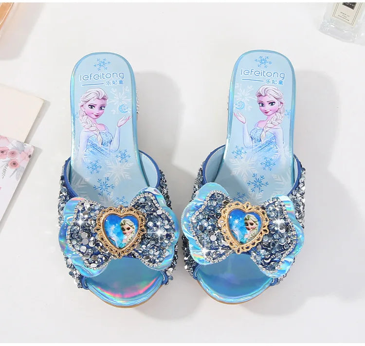 Girl's Summer Sandals Fashion Slippers Sequined Princess Children High Heel Party Dress Elsa Shoes Leather Slipper For Girls