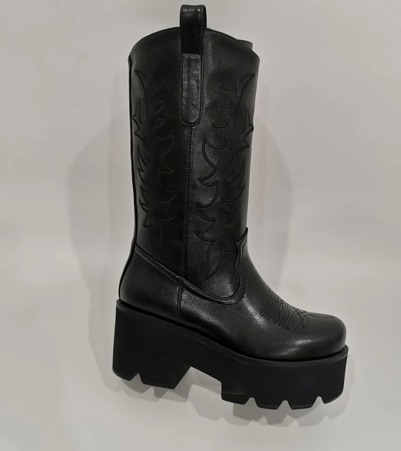 Women Platform Mid Calf Boots Black Chunky High Heels Big Size Lady Short Booties