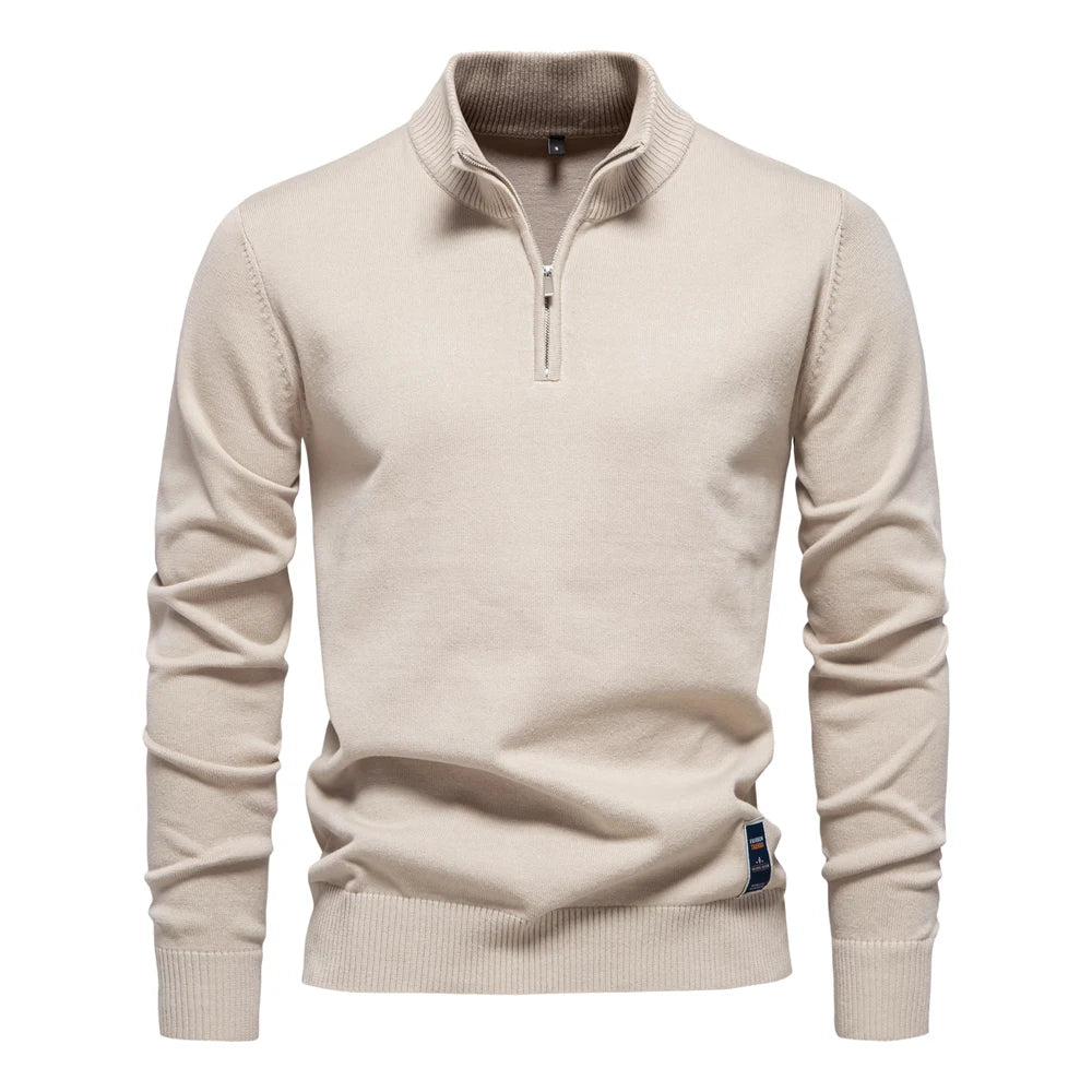 Men's Quarter Zip Cotton Pullover Sweaters Solid Colour Casual Social Knitted Mock Neck Polo Sweaters for Men