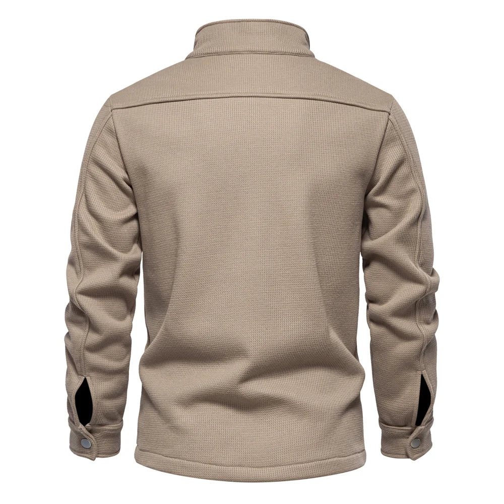 Herrenjacke mit Waffel-Fleece-Futter, dick, warm, mit Tasche, Knopfleiste, Stehkragen, Oberbekleidung, Winterjacken, Mäntel für Herren