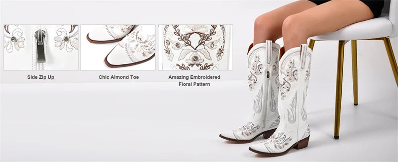 Women Pointed Toe Embroidered White Western Cowboy Boots Block Heel Pull-On Cowgirl Booties