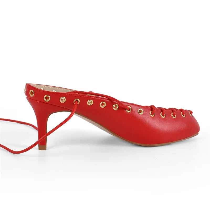 Women White Closed ToeLace Up Mules Kitten Heel Stiletto Summer Sandals Coeset Heels