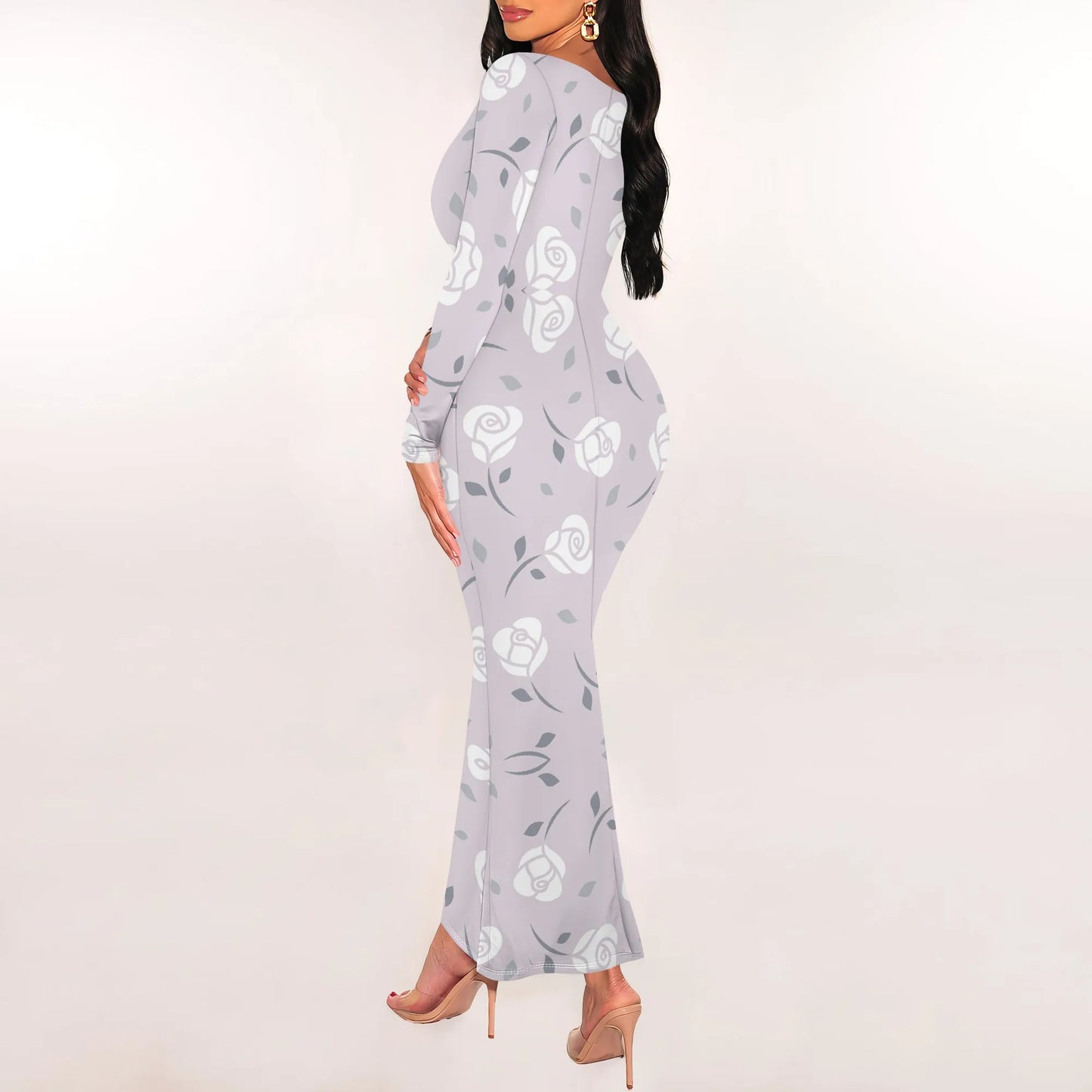 Bright Floral Print Bodycon Maxi Dress Colorful Long Sleeve Scoop Neck Spring Outfits