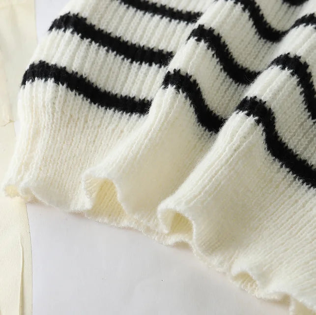Elegant Women Striped Sweaters 2025 Spring Autumn Long Sleeve Turn-down Collar Knitted Pullovers Casual Stylish Jumpers