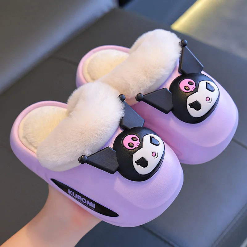 Girls' Home Fur Slippers Kawaii Anti-Skid Warm Cotton Cartoon Plush Waterproof Home Winter Shoes Size 24-41
