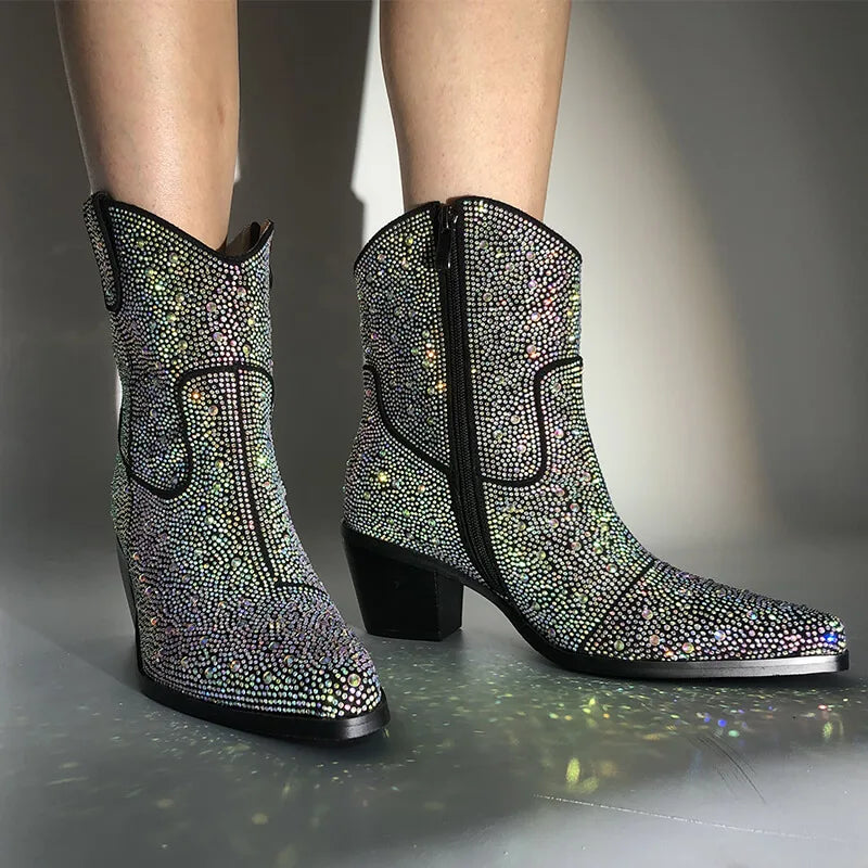 Women Rhinestone Pointed Toe Ankle Boots Silver Glitter Bling Shiny Pretty Gorgeous Dress Cowgirl Boots