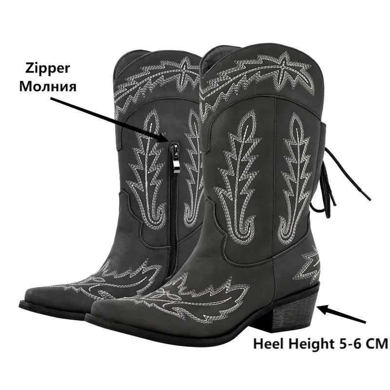 Women Pointed Toe Black Embroidery Western Boots Tapered Heel Round Up Mid-Calf Western Cowgirl Boots