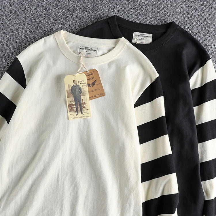 Herfst Amerikaanse Retro Lange Mouw Zwaargewicht Gestreept T-shirt Herenmode Puur Katoen Gewassen Gevangenis Motorfiets Casual Tops