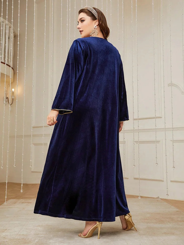 Women's Plus Size Contrast Lace Tape Velvet Dress New Autumn Winter Luxury Elegant Abaya Arabian Muslim Maxi Dresses