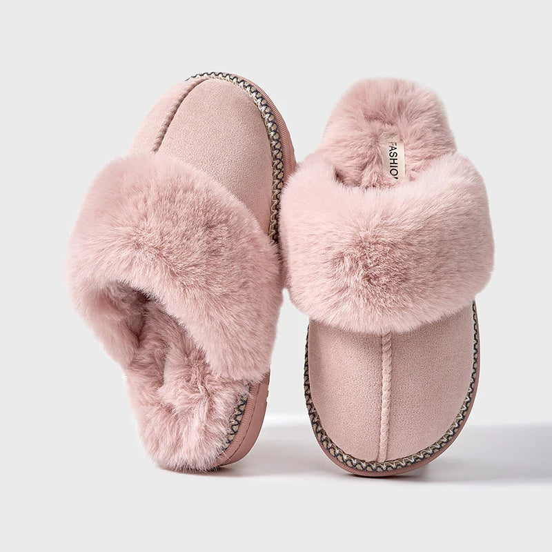 Women's Warm Fuzzy Slippers Winter Fur Collar Indoor Plush Flat Slides Fluffy Ladies' Cotton Shoes Furry House Slippers