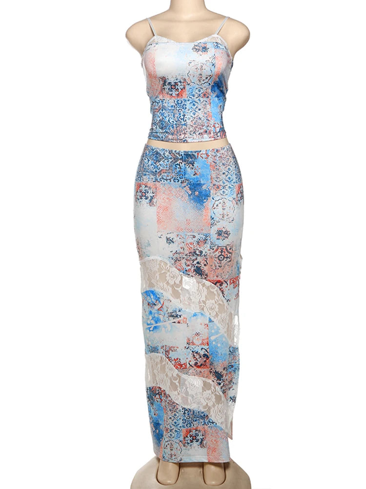 Colourful Fashion Print 2 Piece Set Women Sexy Backless Camisole + Mesh Patchwork Long Skirts Vacation Streetwear Outfits