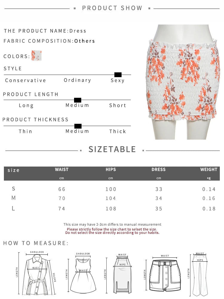 Vacation Thin Women Floral 2 Piece Set Elastic Ruffles Tank Tops + Peach Hip Skirts Matching Clubwear Romantic Outfits