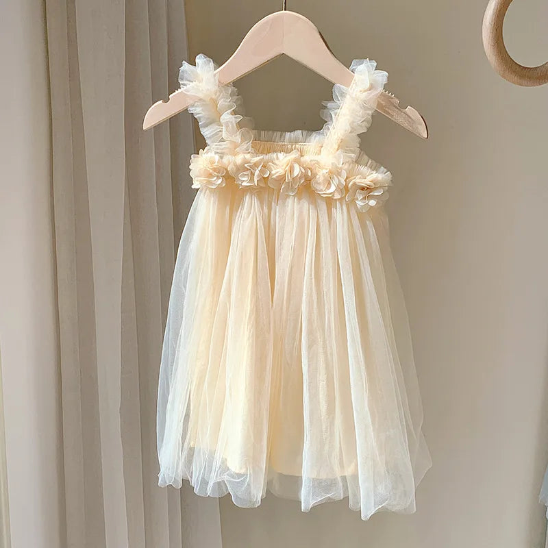 Summer Kids Sweet Mesh Dress Girls 6 Colours Suspended Floral Beach Skirt Children Tutu Princess Dress 1-6Y Girls