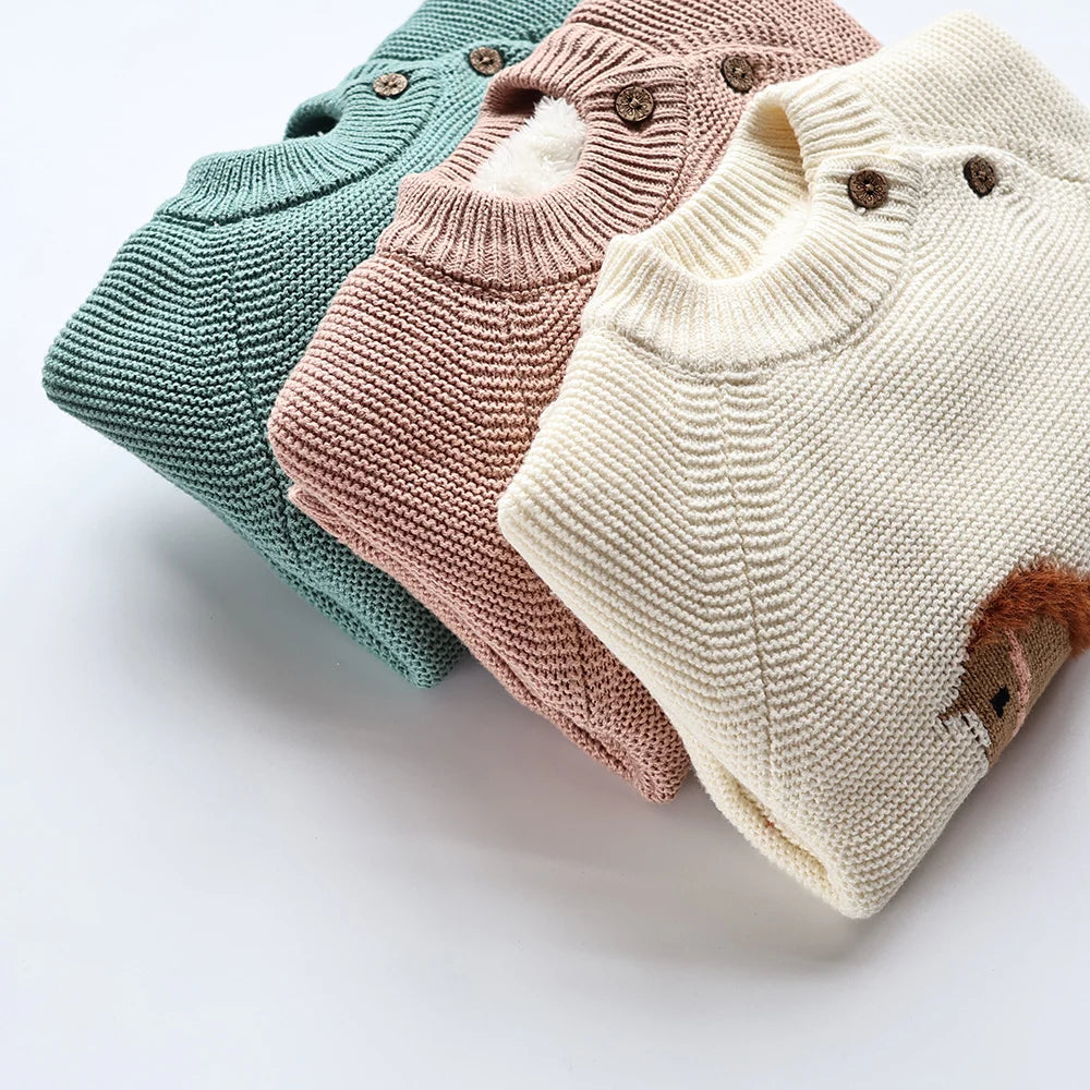 Winter New Cartoon Kids Baby Sweaters Fur Lining Kids Knitwear Fleece Boys Girls Pullover Coat 1-6Y Unisex