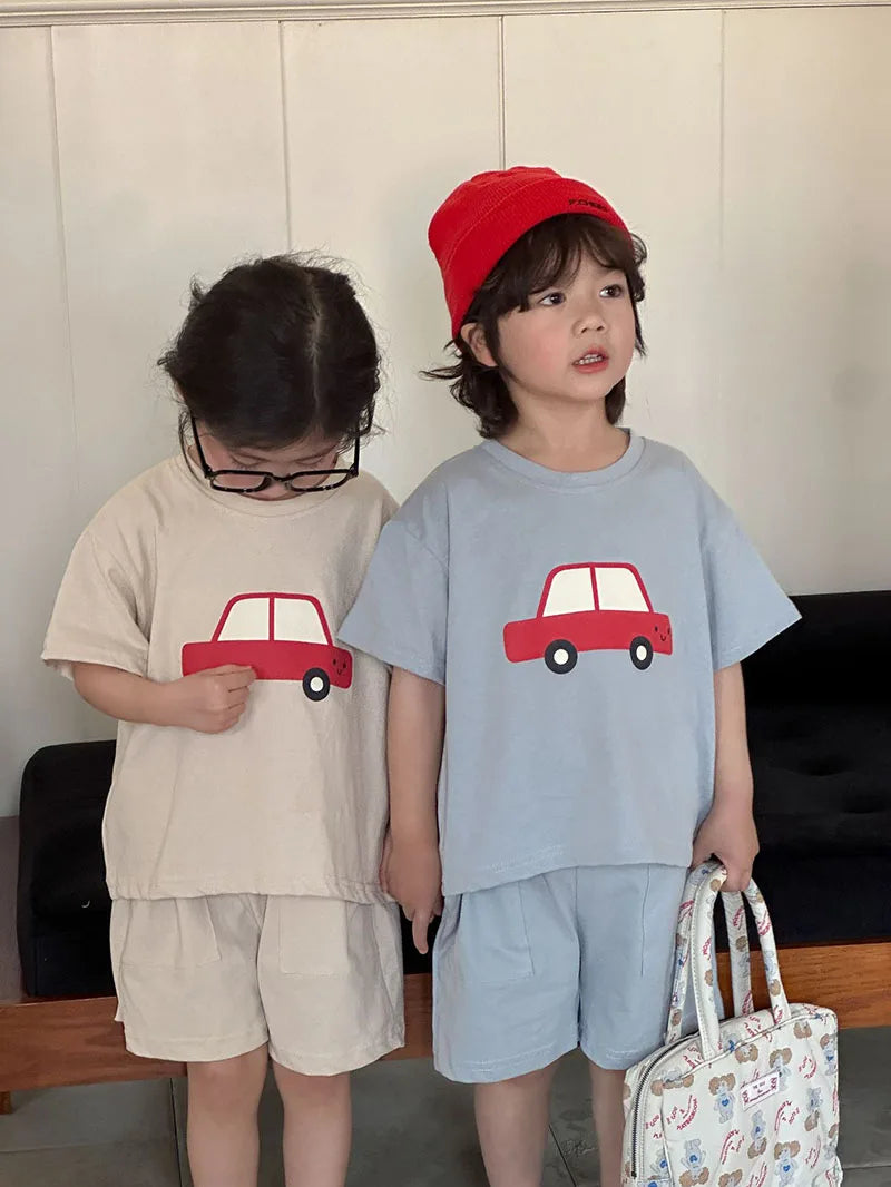 New Summer Kids Clothes Suit Children Cute Cartoon Car T-shirt + Shorts Boys Thin Style 2PCS Outfit 1-4Y Unisex