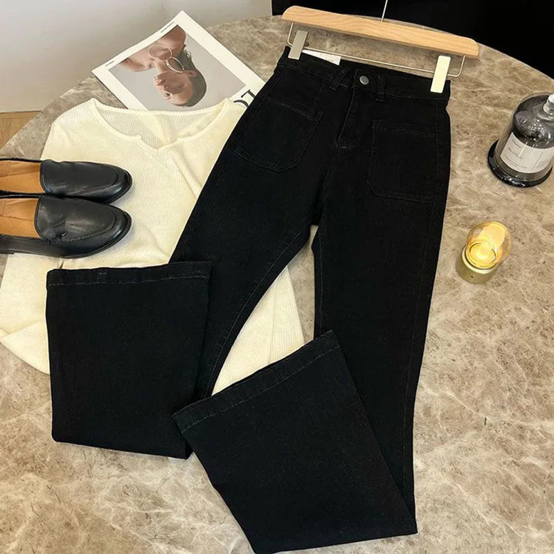 New Women's High Waist Washed Jeans Korean Style Pockets Slim Denim Flared Pants Ladies Vintage Stretch Classic Jean Trousers