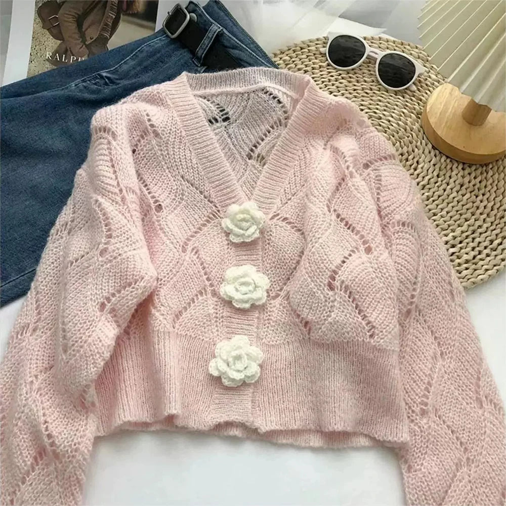 2025 Women's Autumn Cardigan Sweet Three-Dimensional Flowers Long Sleeve V-Neck Regular Fit Dating Cardigan