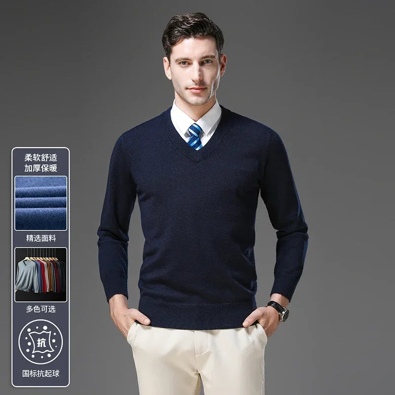 Men's Warm V-Neck Solid Colour Sweater, Autumn & Winter Stretch Top, Daily Leisure Pullover Knitwear, Male Business Casual
