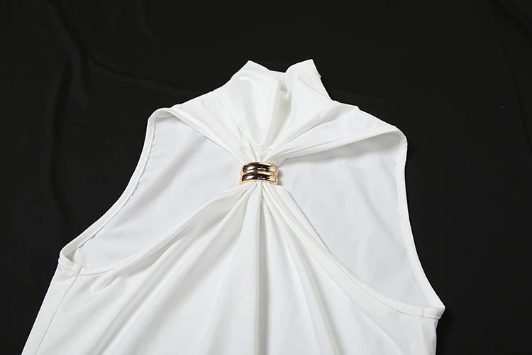Metal Patchwork Women Fashion Tank Tops Summer Trend Ruched Turtleneck Beach Party Solid Simple Casual Elegant Outfits