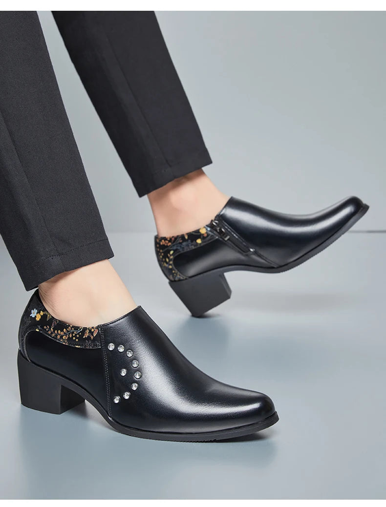 Retro Men European Fashionable Rivet Oxfords Dress Shoes High Heel Male Party Dressing Shoes Height Increasing Zipper Shoe