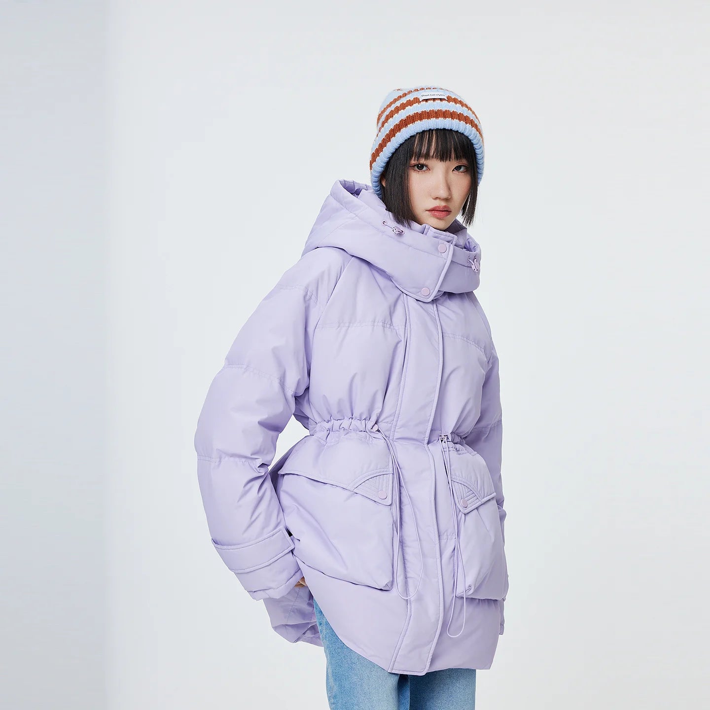 Women's Winter Warm Oversized Long Hooded Down Jacket, Adjustable Pig Nose, Buckle Waist Belt Utility Duck Down Parka For Ladies