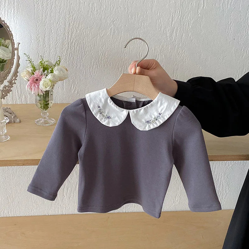Herfst Baby Onderhemdjes Zoete Borduurwerk Bloem Strik Baby Meisjes Bottoming Shirt Peuter Dunne Kleding Tops 0-3T Meisjes