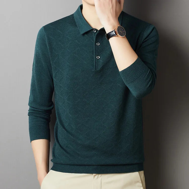 Men's High Quality Woollen Polo Shirt, Blend Fashionable Embroidered Long Sleeve Tee, Korean Style Casual Menswear
