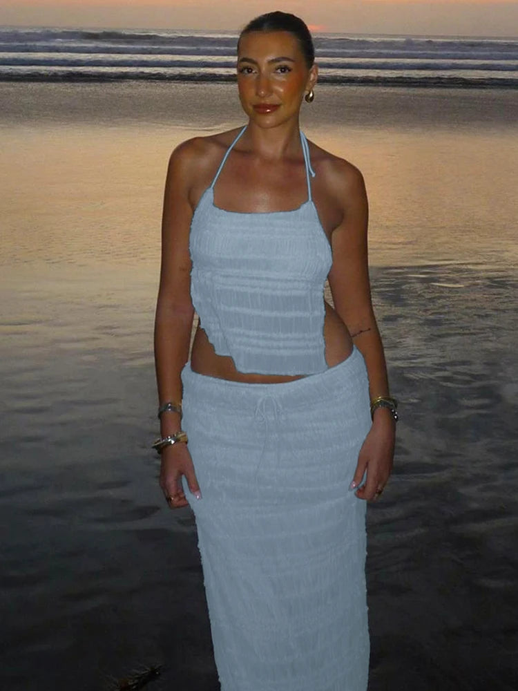 Sexy See-Through 2 Piece Set Women Lace-Up Halter Backless Crop Tops + Ruched Elegant Skirts Vacation Beach Party Suits