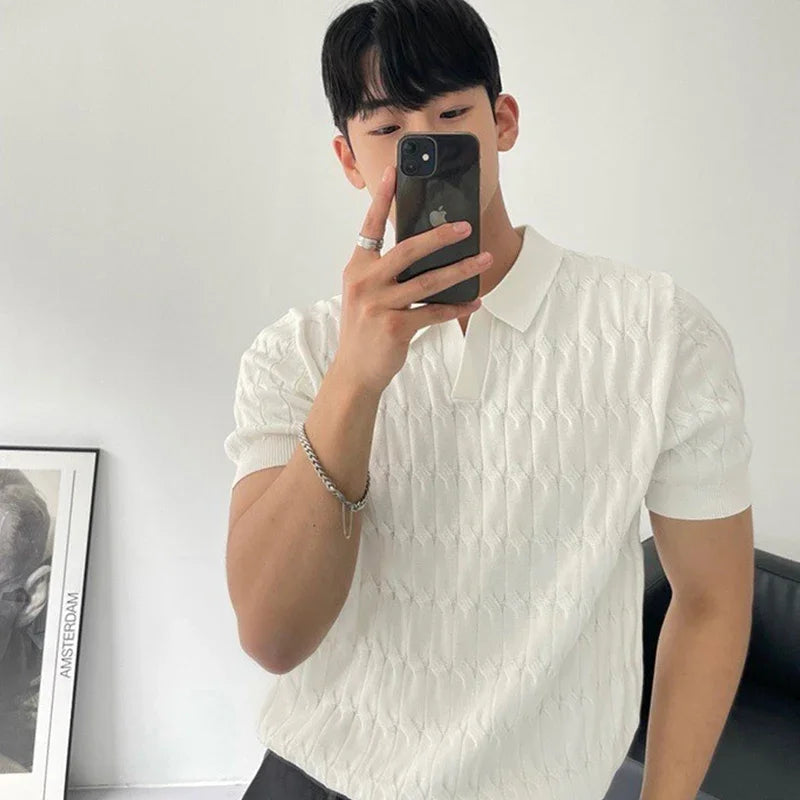 Men's Jacquard Knitted Polo, Casual V-Neck Striped T-shirt, Solid Colour Short Sleeved Lightweight Breathable Luxury Male Clothing
